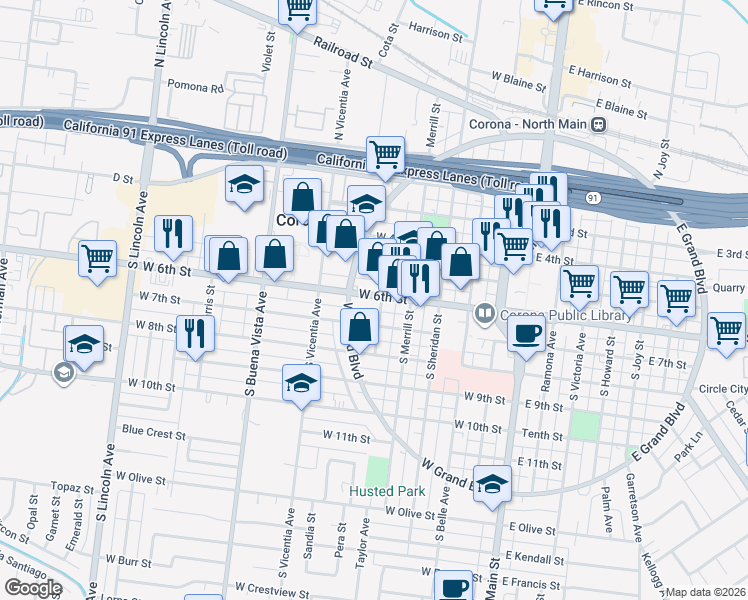 map of restaurants, bars, coffee shops, grocery stores, and more near 608 West 6th Street in Corona