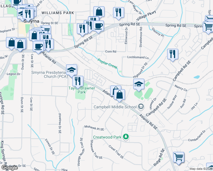 map of restaurants, bars, coffee shops, grocery stores, and more near 1108 Creatwood Circle in Smyrna