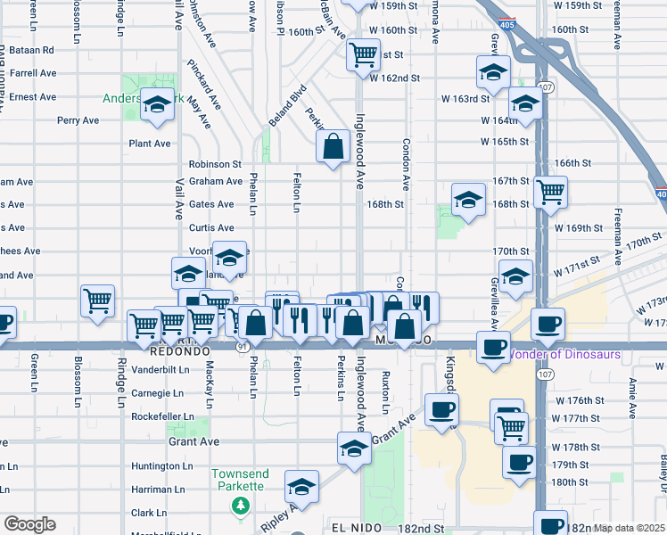 map of restaurants, bars, coffee shops, grocery stores, and more near 2621 Ruhland Avenue in Redondo Beach