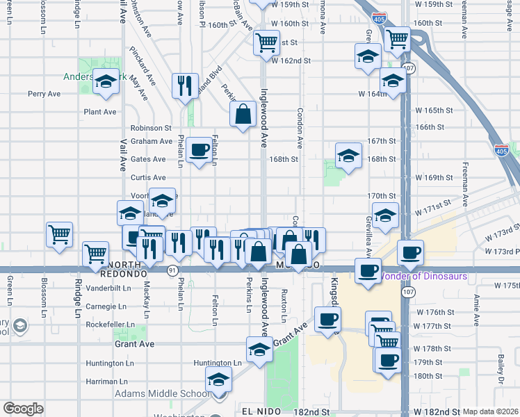 map of restaurants, bars, coffee shops, grocery stores, and more near 2302 Perkins Lane in Redondo Beach