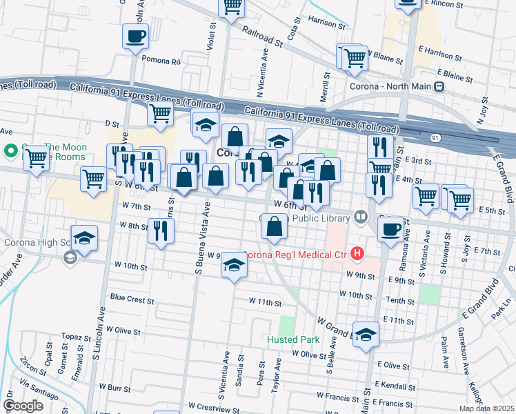 map of restaurants, bars, coffee shops, grocery stores, and more near 702 West 6th Street in Corona