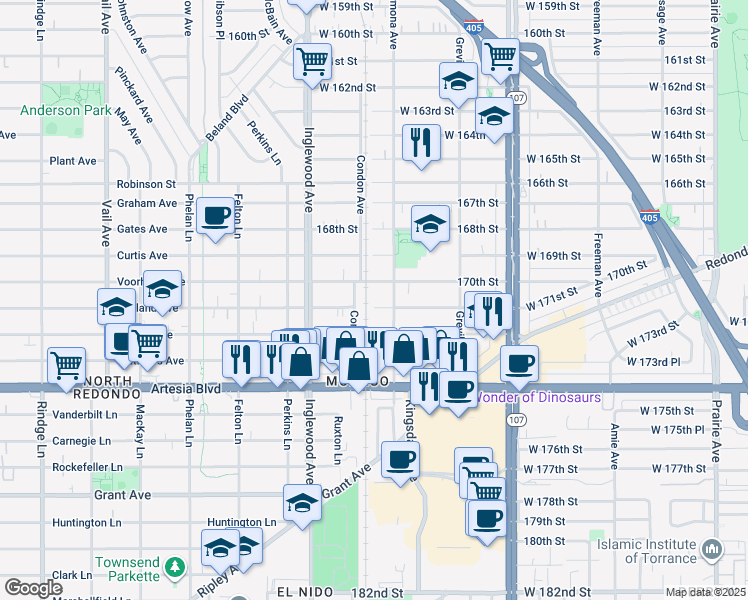 map of restaurants, bars, coffee shops, grocery stores, and more near 4623 West 171st Street in Lawndale