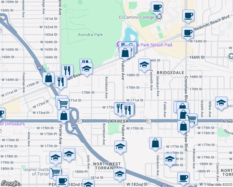 map of restaurants, bars, coffee shops, grocery stores, and more near 17006 Cranbrook Avenue in Torrance
