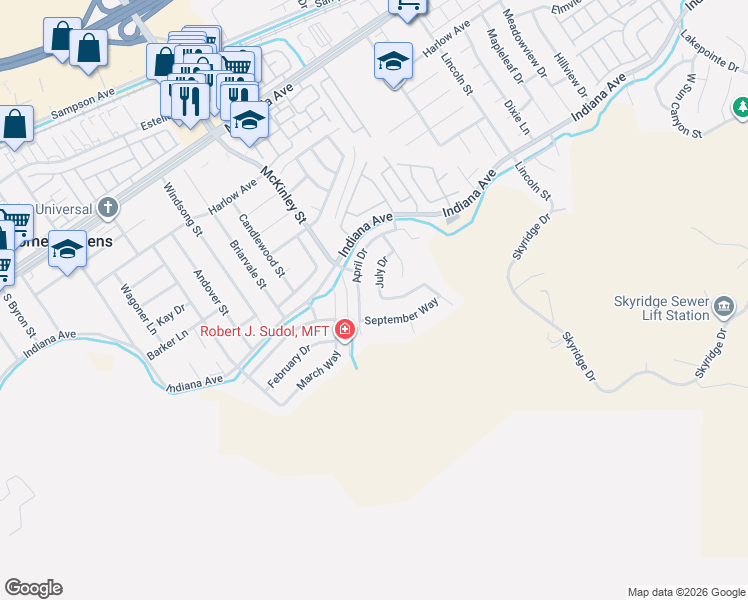 map of restaurants, bars, coffee shops, grocery stores, and more near 13056 August Circle in Riverside