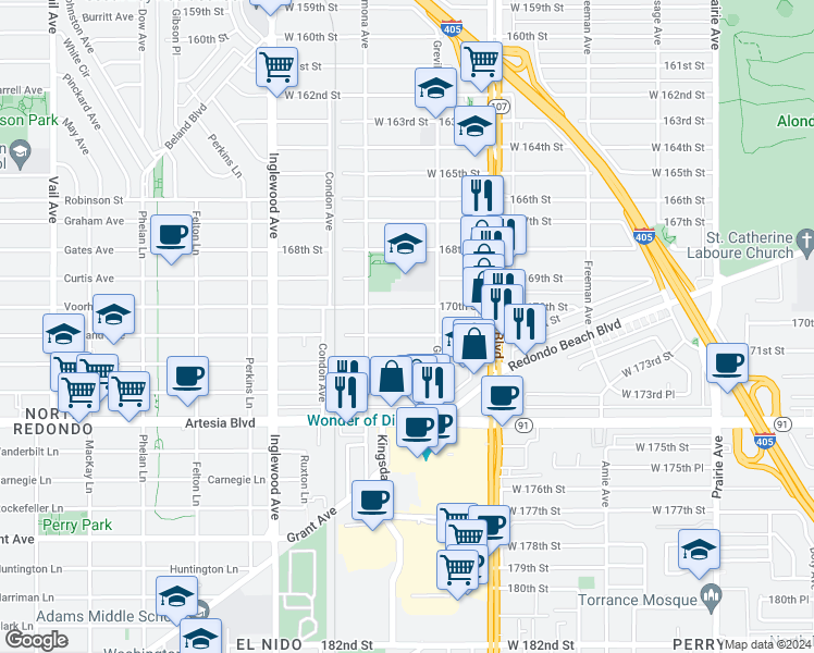 map of restaurants, bars, coffee shops, grocery stores, and more near 4535 West 171st Street in Lawndale