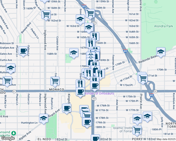 map of restaurants, bars, coffee shops, grocery stores, and more near 4419 West 171st Street in Lawndale