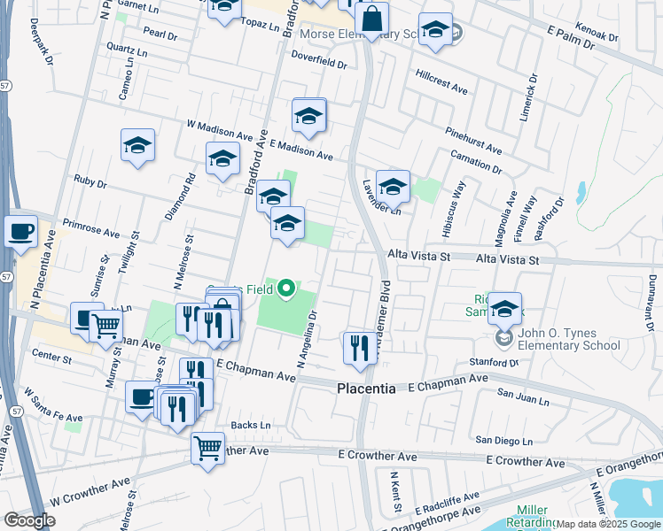 map of restaurants, bars, coffee shops, grocery stores, and more near 607 Valley Forge Drive in Placentia