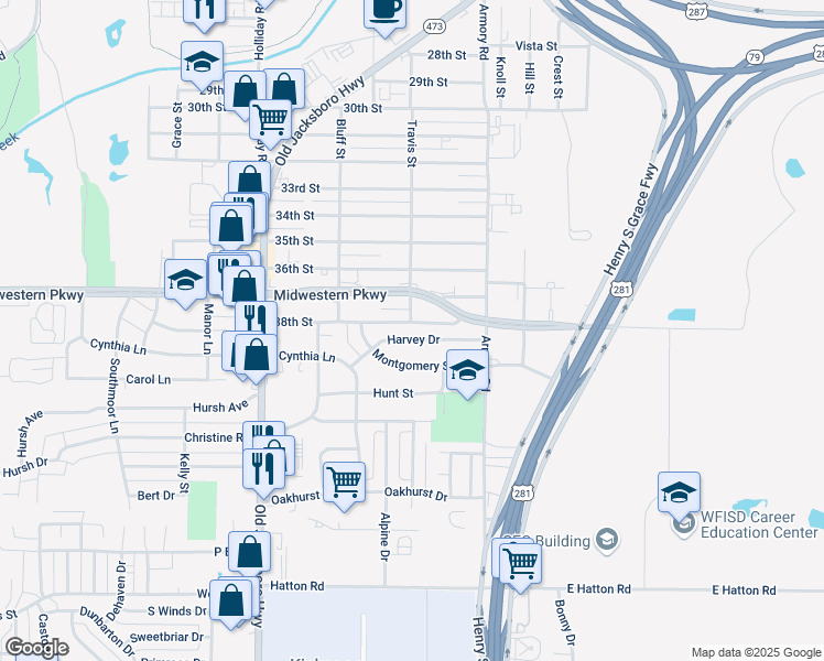 map of restaurants, bars, coffee shops, grocery stores, and more near 1302 Harvey Dr in Wichita Falls