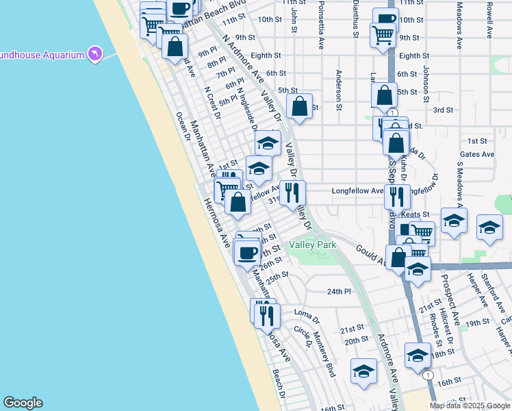 map of restaurants, bars, coffee shops, grocery stores, and more near 335 31st Street in Hermosa Beach