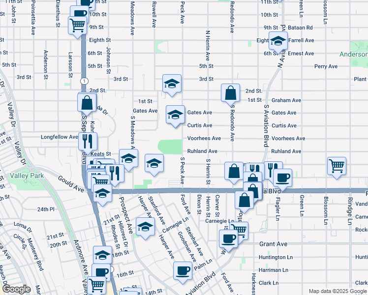 map of restaurants, bars, coffee shops, grocery stores, and more near 438 South Peck Avenue in Manhattan Beach