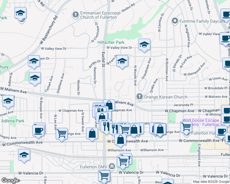 map of restaurants, bars, coffee shops, grocery stores, and more near 806 Glenwood Circle in Fullerton