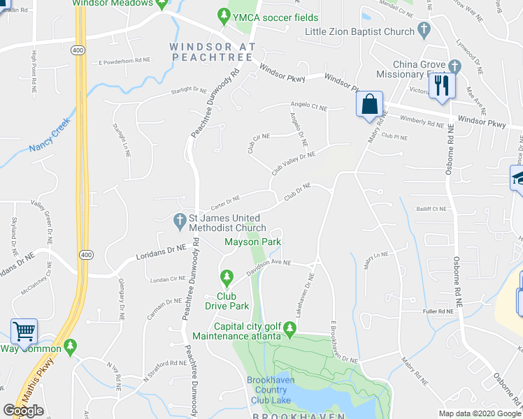 map of restaurants, bars, coffee shops, grocery stores, and more near 4454 Club Drive Northeast in Atlanta
