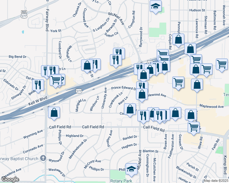 map of restaurants, bars, coffee shops, grocery stores, and more near 2 Arborgate Terrace in Wichita Falls