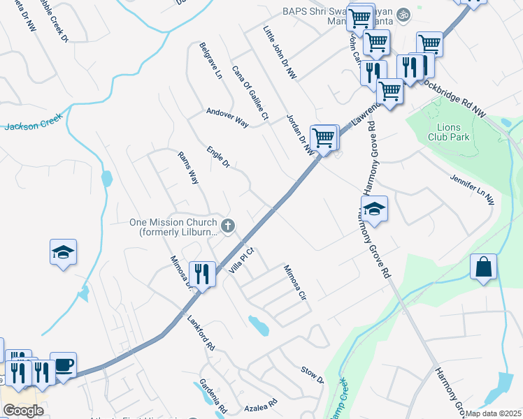 map of restaurants, bars, coffee shops, grocery stores, and more near 5710 Urban Village Way in Gwinnett County