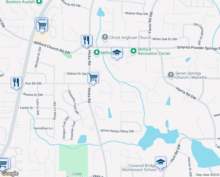 map of restaurants, bars, coffee shops, grocery stores, and more near 868 Grindstone Drive Southwest in Marietta