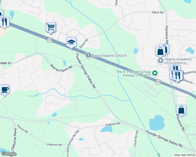 map of restaurants, bars, coffee shops, grocery stores, and more near 5660 Powder Springs Dallas Road in Hiram