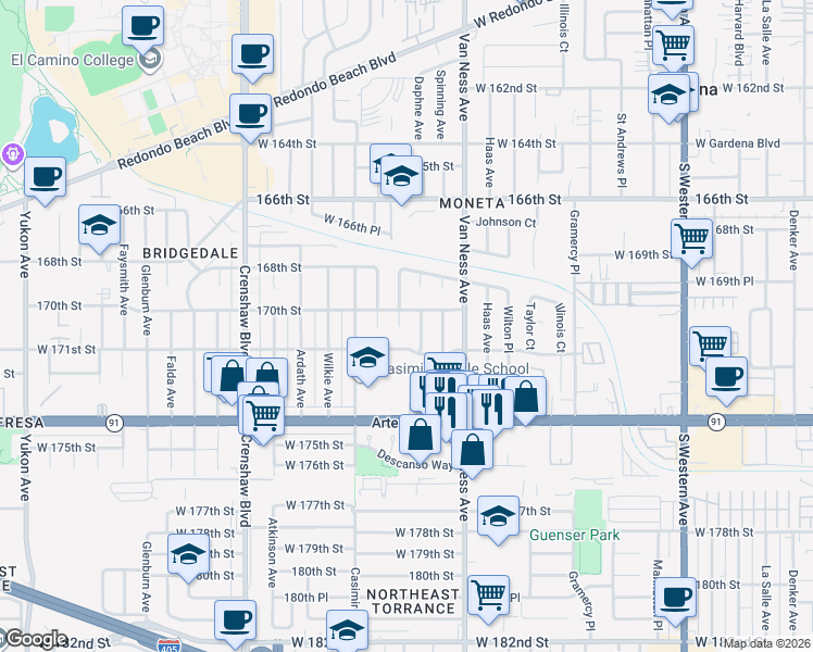 map of restaurants, bars, coffee shops, grocery stores, and more near 17020 Purche Avenue in Torrance