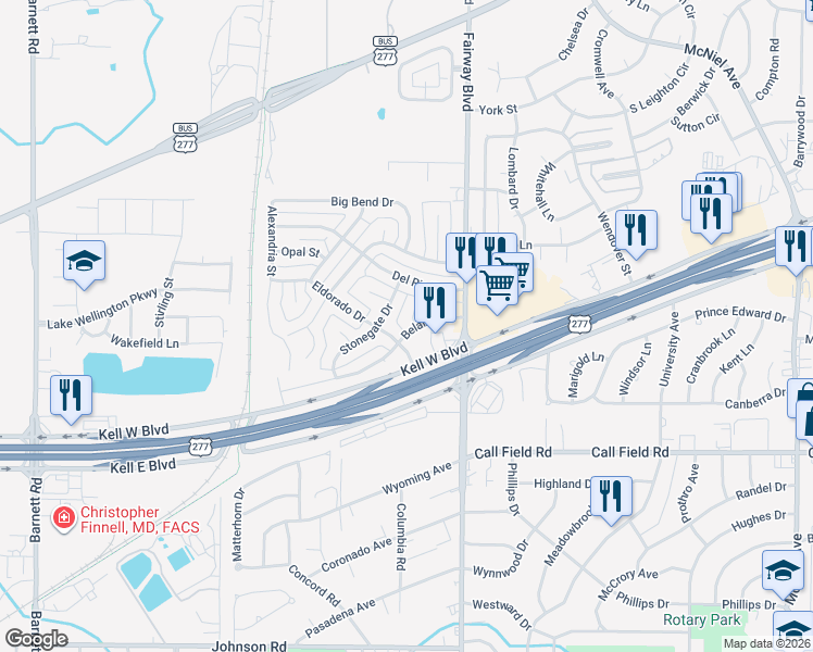 map of restaurants, bars, coffee shops, grocery stores, and more near 8 Chimney Rock in Wichita Falls