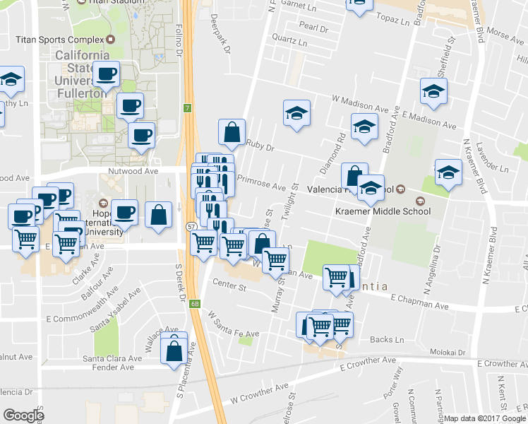 map of restaurants, bars, coffee shops, grocery stores, and more near 325 Sunrise Way in Placentia