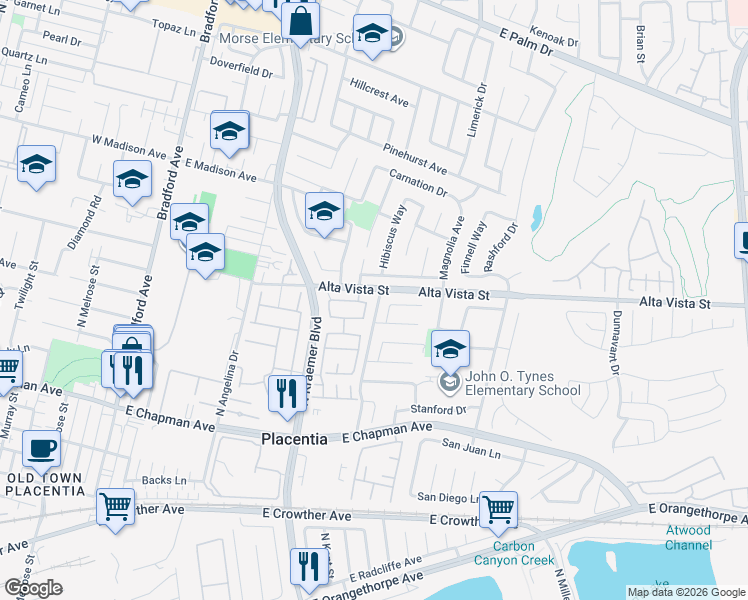 map of restaurants, bars, coffee shops, grocery stores, and more near 530 Allison Lane in Placentia