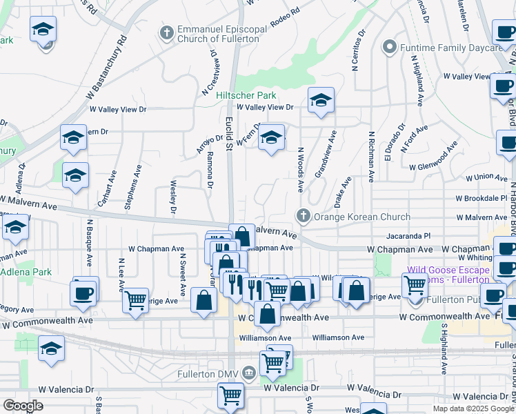 map of restaurants, bars, coffee shops, grocery stores, and more near 802 Glenwood Circle in Fullerton