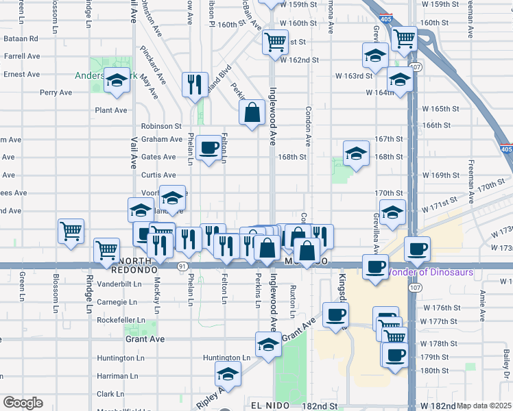 map of restaurants, bars, coffee shops, grocery stores, and more near 2623 Ruhland Avenue in Redondo Beach
