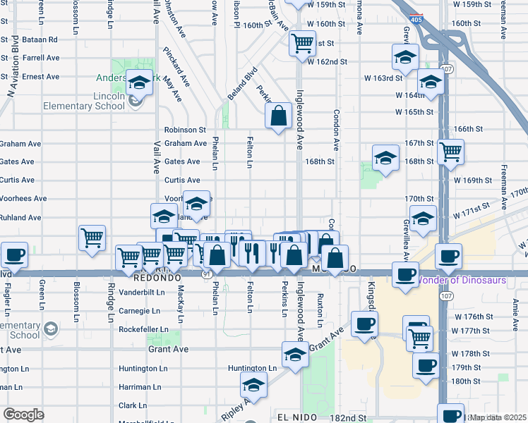 map of restaurants, bars, coffee shops, grocery stores, and more near 2611 Ruhland Avenue in Redondo Beach