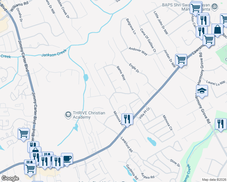 map of restaurants, bars, coffee shops, grocery stores, and more near 402 Mimosa Grove Crossing in Tucker