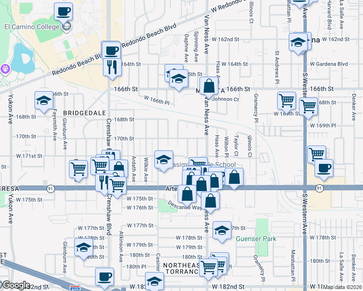 map of restaurants, bars, coffee shops, grocery stores, and more near 17020 Purche Avenue in Torrance
