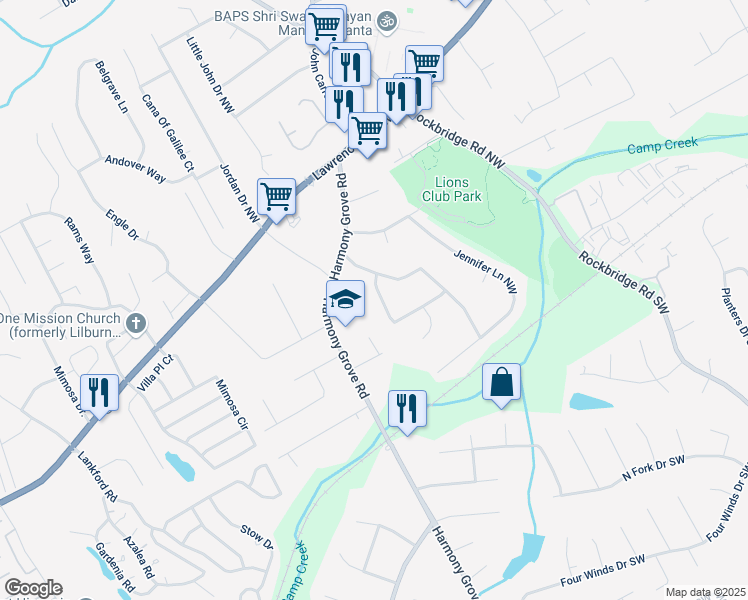 map of restaurants, bars, coffee shops, grocery stores, and more near 5666 Bob White Circle Northwest in Lilburn