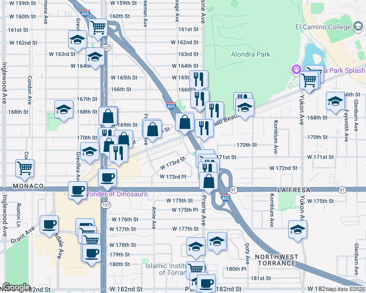 map of restaurants, bars, coffee shops, grocery stores, and more near 16915 Osage Avenue in Torrance