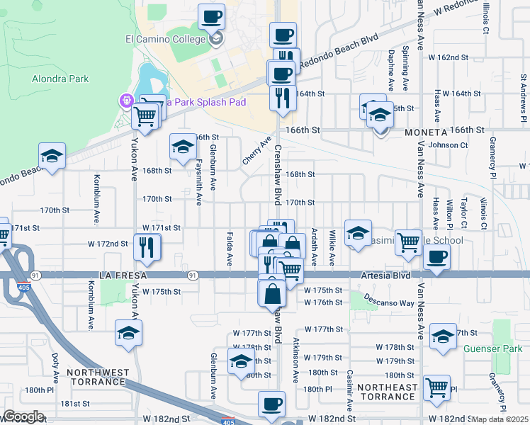 map of restaurants, bars, coffee shops, grocery stores, and more near 17016 Delia Avenue in Torrance
