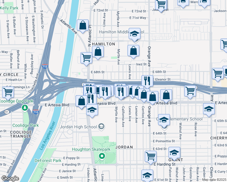 map of restaurants, bars, coffee shops, grocery stores, and more near 6670 Olive Avenue in Long Beach