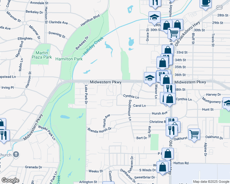 map of restaurants, bars, coffee shops, grocery stores, and more near 28 Chateau Court in Wichita Falls