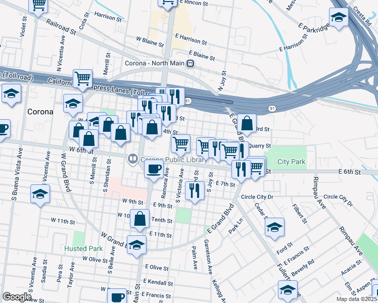 map of restaurants, bars, coffee shops, grocery stores, and more near 501 South Victoria Avenue in Corona