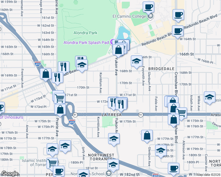map of restaurants, bars, coffee shops, grocery stores, and more near 17006 Cranbrook Avenue in Torrance
