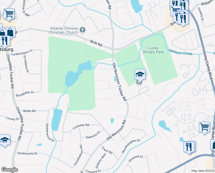 map of restaurants, bars, coffee shops, grocery stores, and more near 4492 Lashley Drive in Tucker