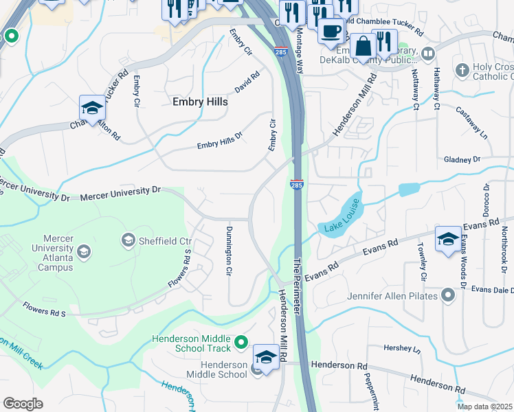 map of restaurants, bars, coffee shops, grocery stores, and more near 3073 Henderson Mill Road in Atlanta