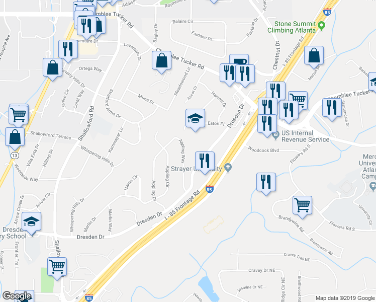map of restaurants, bars, coffee shops, grocery stores, and more near 2991 Appling Way in Chamblee