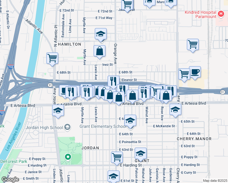 map of restaurants, bars, coffee shops, grocery stores, and more near 6675 Orange Avenue in Long Beach