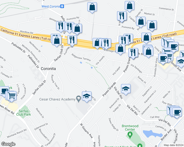 map of restaurants, bars, coffee shops, grocery stores, and more near 2021 Cypress Point Drive in Corona