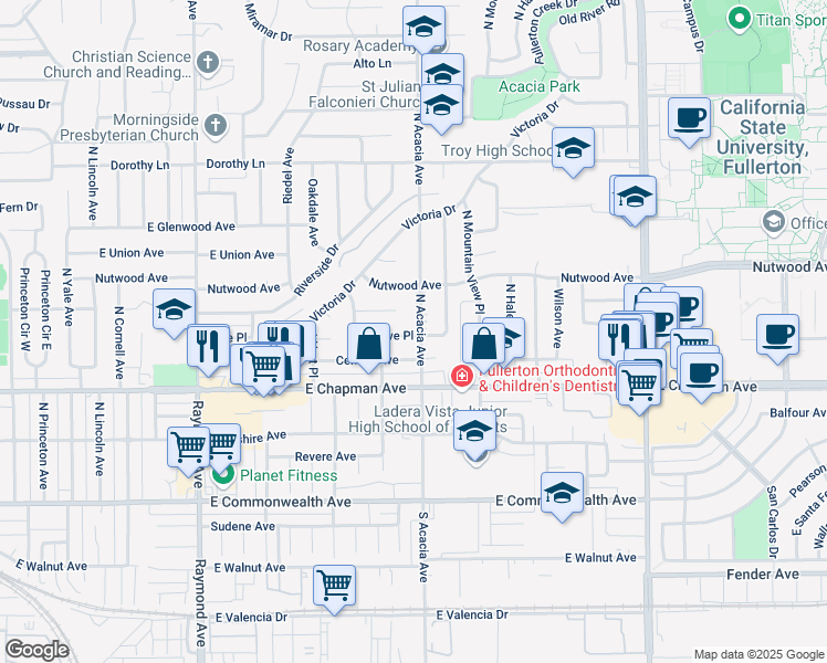 map of restaurants, bars, coffee shops, grocery stores, and more near 601 North Acacia Avenue in Fullerton