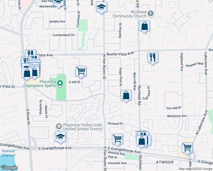 map of restaurants, bars, coffee shops, grocery stores, and more near 5665 Scotch Pine Ridge in Yorba Linda