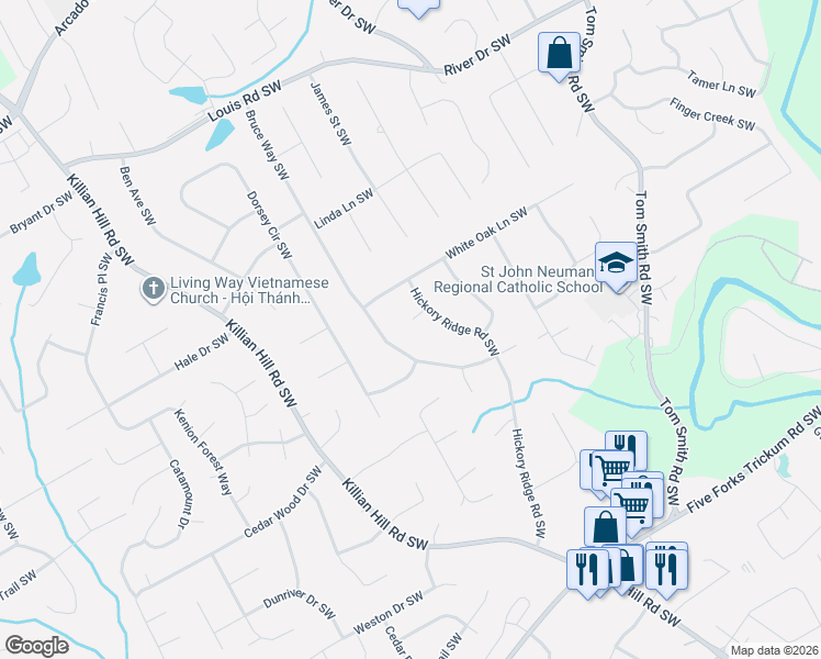 map of restaurants, bars, coffee shops, grocery stores, and more near 4142 Oak Terrace in Lilburn