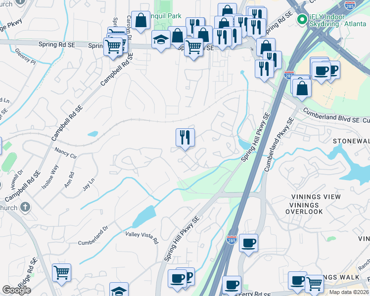 map of restaurants, bars, coffee shops, grocery stores, and more near 1209 Cumberland Court Southeast in Smyrna