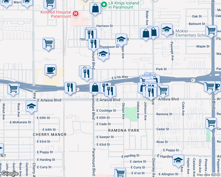 map of restaurants, bars, coffee shops, grocery stores, and more near 6666 Orizaba Avenue in Long Beach