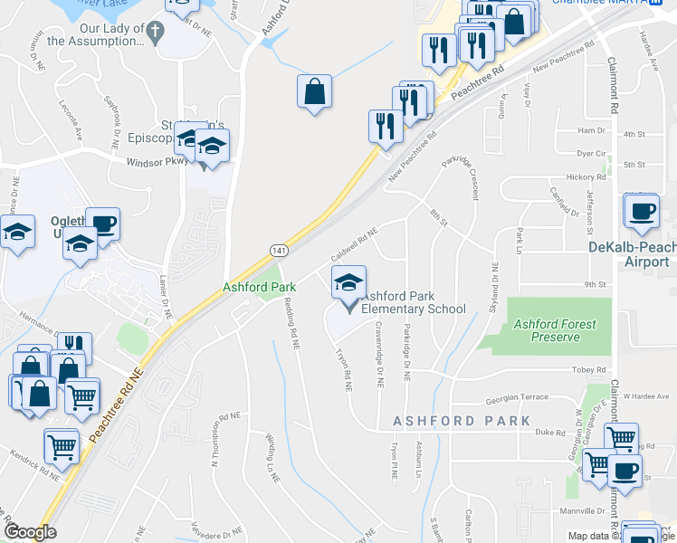 map of restaurants, bars, coffee shops, grocery stores, and more near 3016 Cravenridge Drive Northeast in Atlanta
