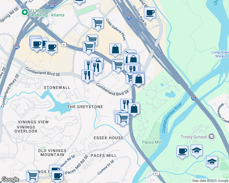 map of restaurants, bars, coffee shops, grocery stores, and more near 3260 Cumberland Boulevard Southeast in Atlanta