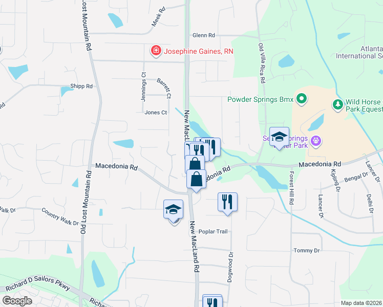 map of restaurants, bars, coffee shops, grocery stores, and more near 3180 New Macland Road in Powder Springs