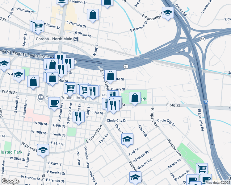 map of restaurants, bars, coffee shops, grocery stores, and more near 804 Quarry Street in Corona